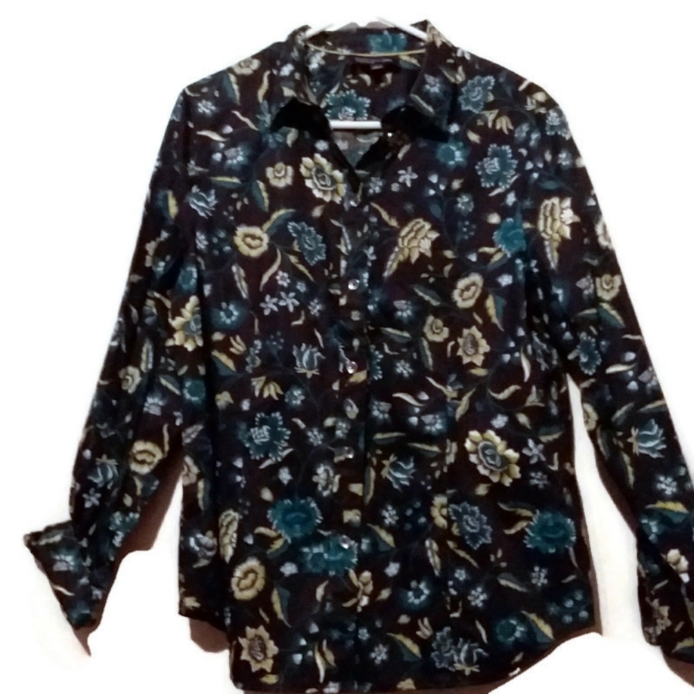 Jones New York Blue Floral Button Down Top Large